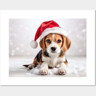 Cute Beagle puppy in a Santa hat Posters and Art